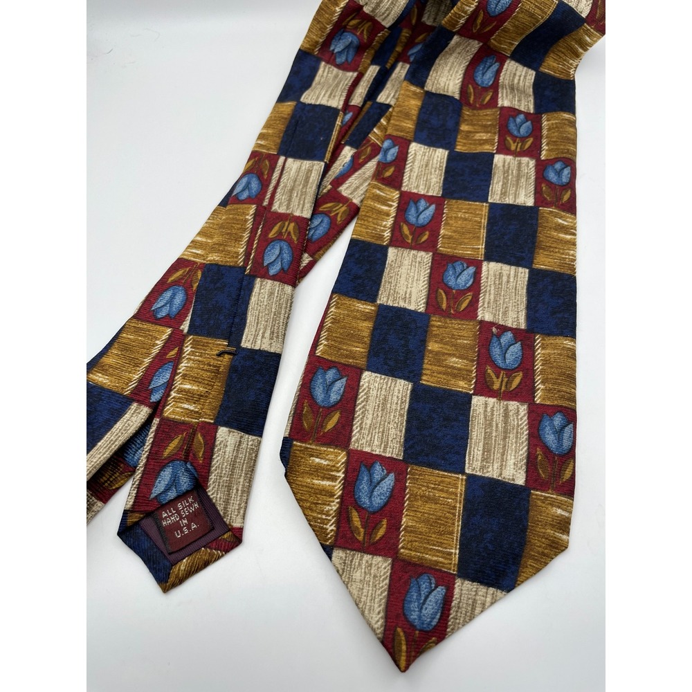 Jos A Bank Corporate Collection Silk Tie Blue Tulip Patchwork Hand Sewn USA